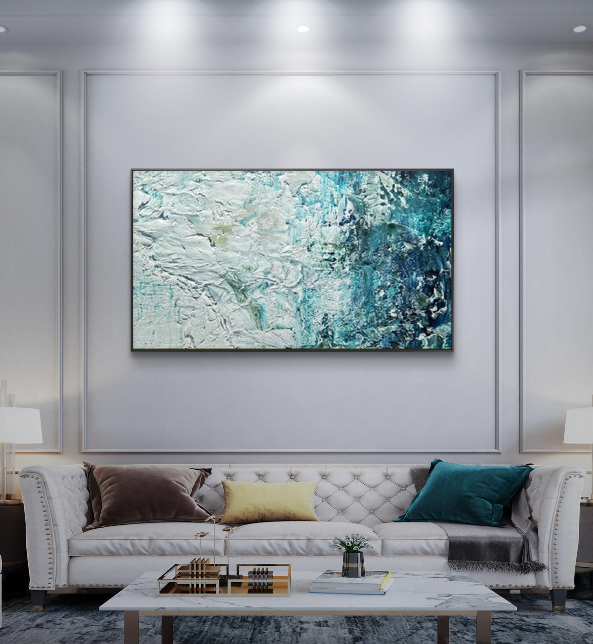 Room mockup. Thick white ridges and dabs fade through pale turquoise into a dense dark blue-green lower field.