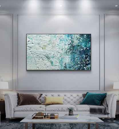 Room mockup. Thick white ridges and dabs fade through pale turquoise into a dense dark blue-green lower field.