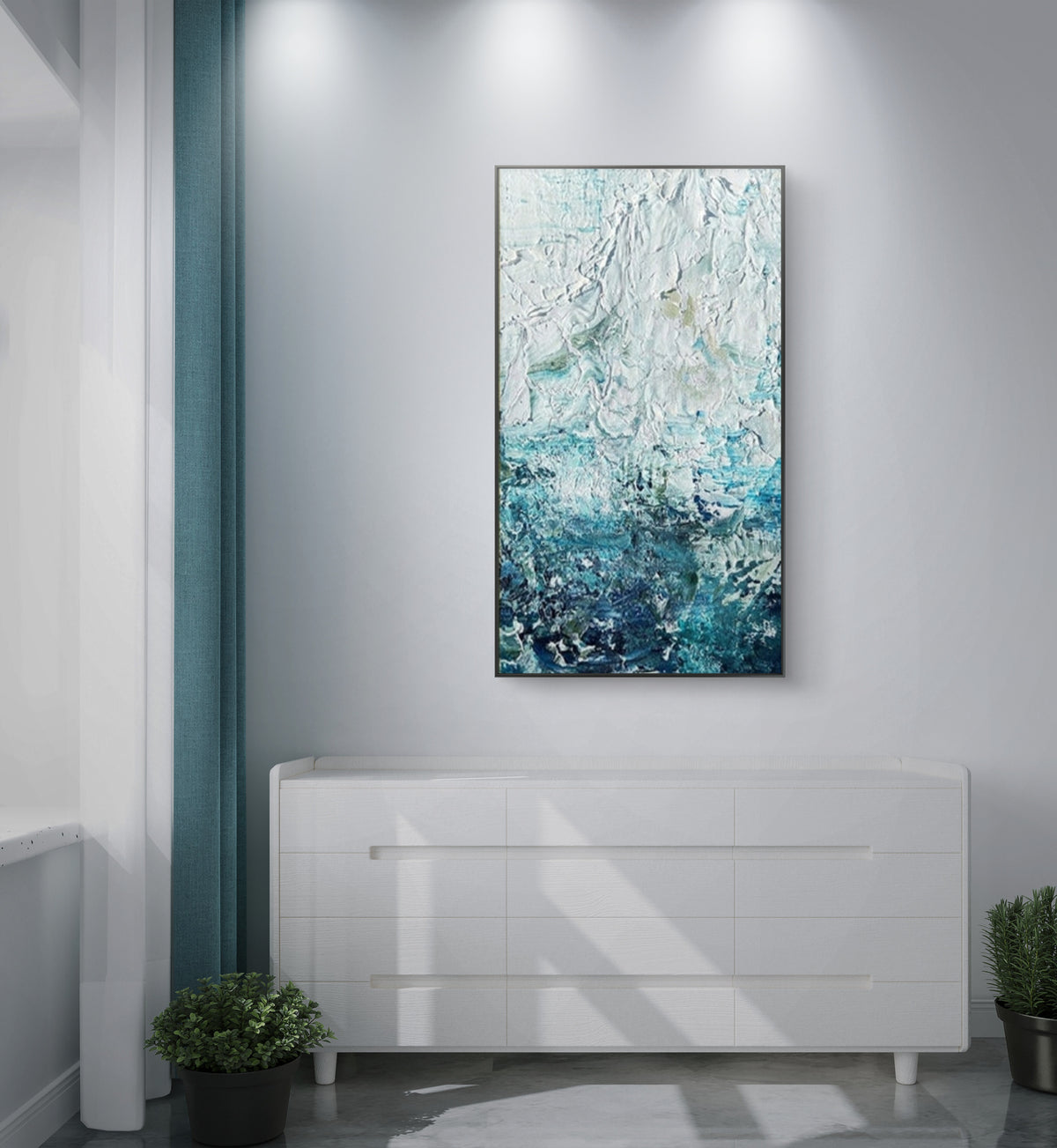 Room mockup. Thick white ridges and dabs fade through pale turquoise into a dense dark blue-green lower field.