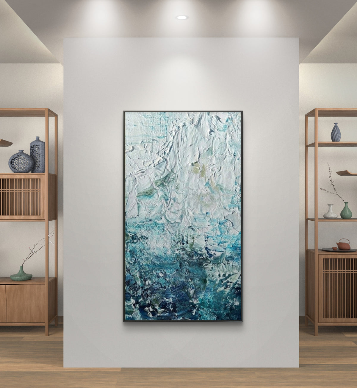 Room mockup. Thick white ridges and dabs fade through pale turquoise into a dense dark blue-green lower field.