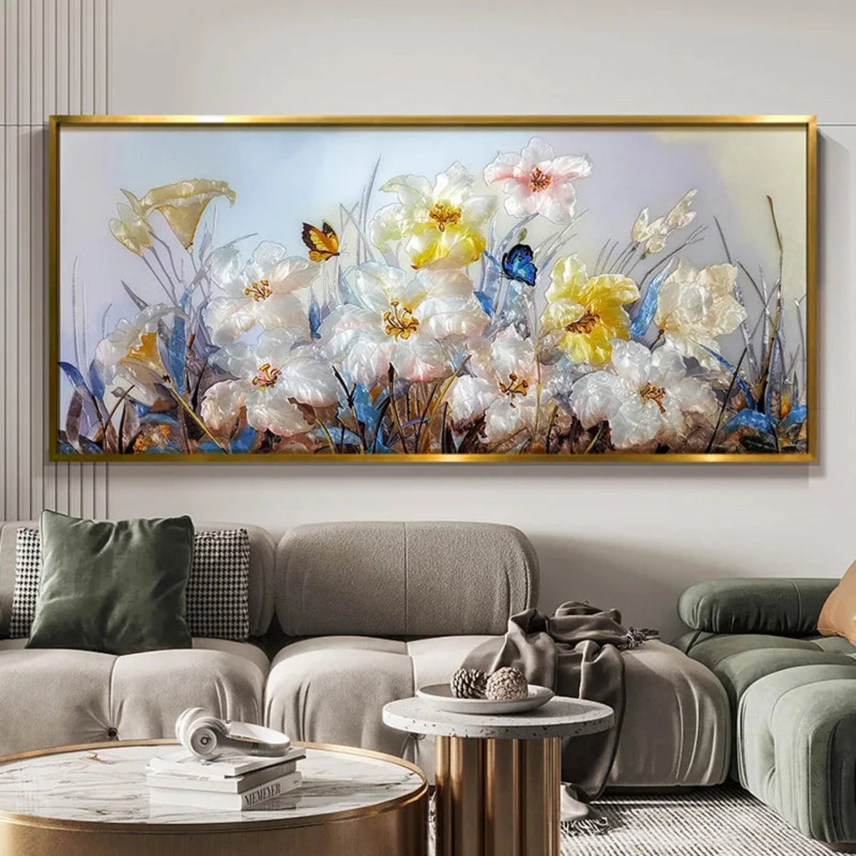 Room mockup showing white and yellow textured flowers with slender stems and small blue and orange butterflies against pale grey.