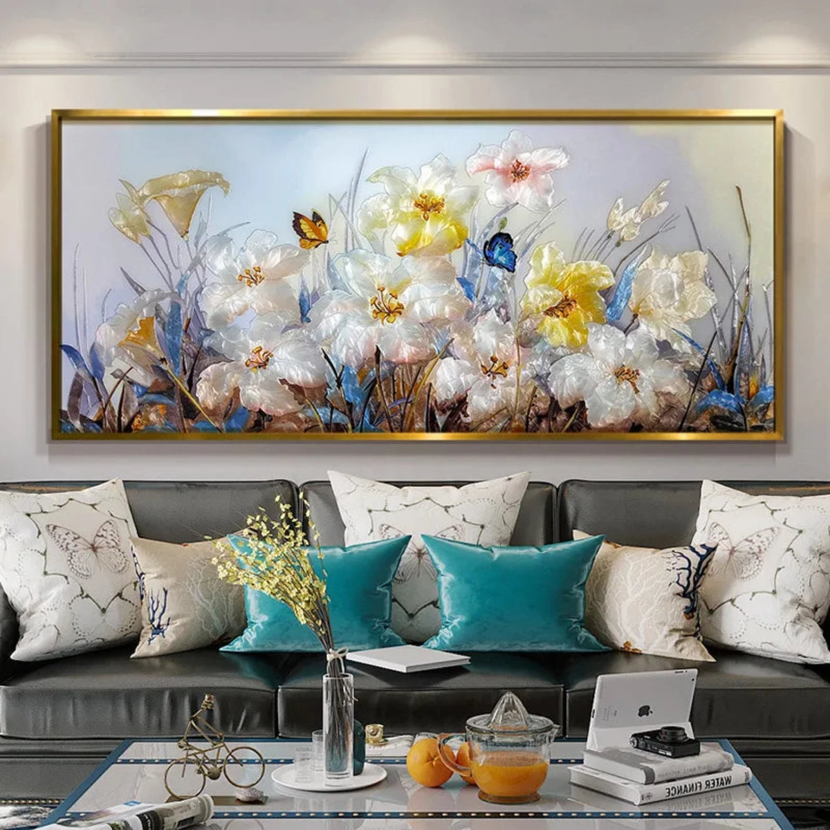 Room mockup showing white and yellow textured flowers with slender stems and small blue and orange butterflies against pale grey.