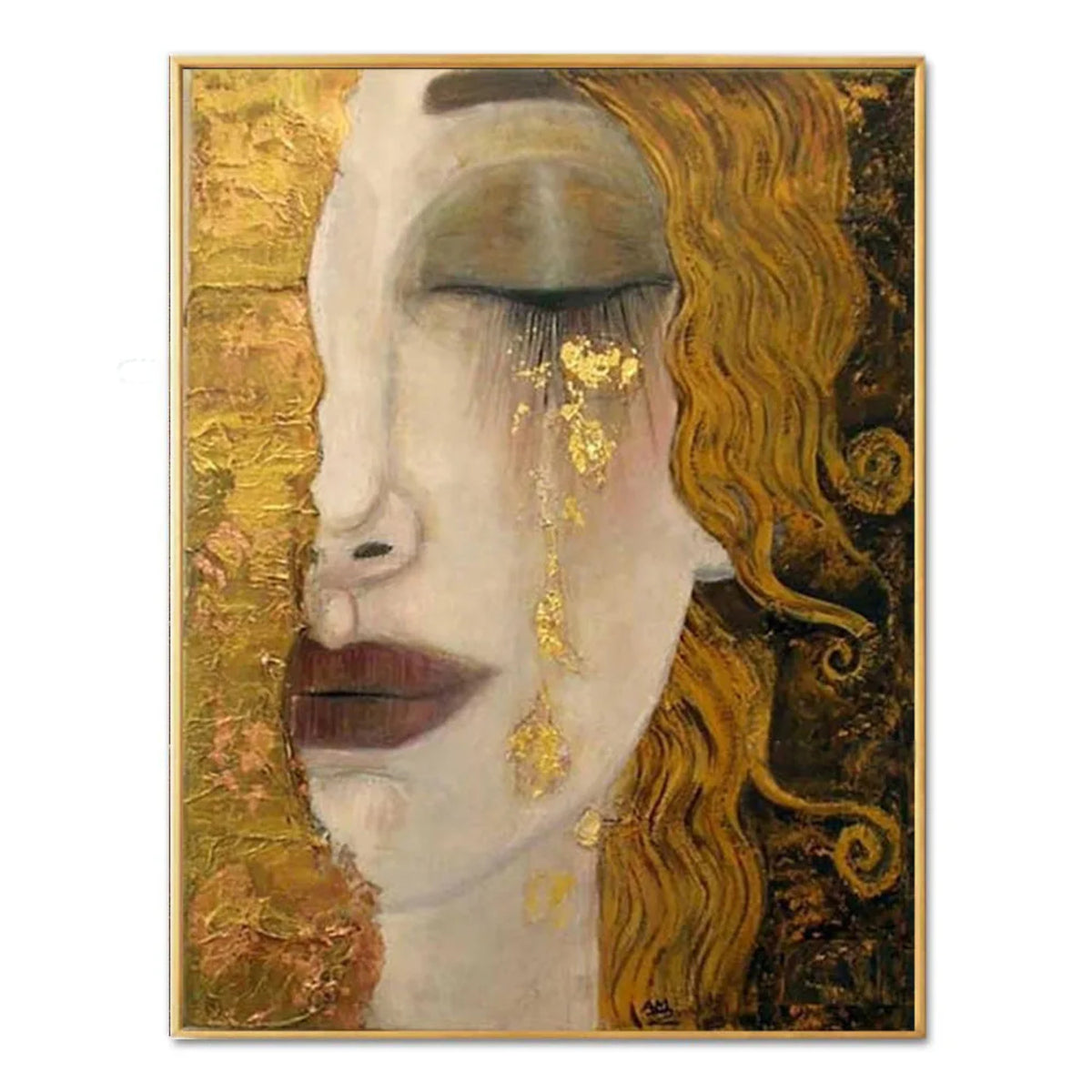 Woman with a closed eye, red-brown lips, gold-coloured tears and curled golden hair beside a textured gold-toned strip.