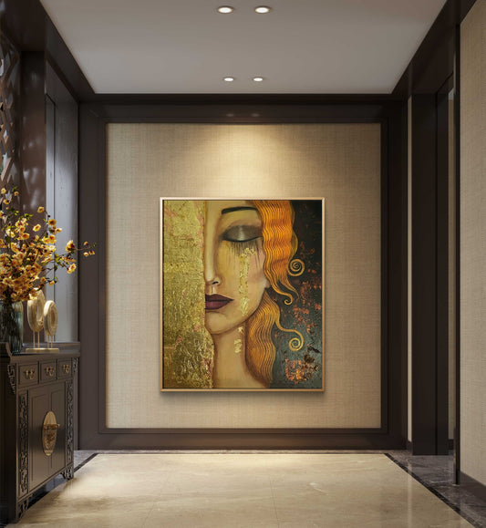 Room mockup showing woman with a closed eye, dark red lips, orange curls and gold-coloured tears beside a textured gold-toned panel.