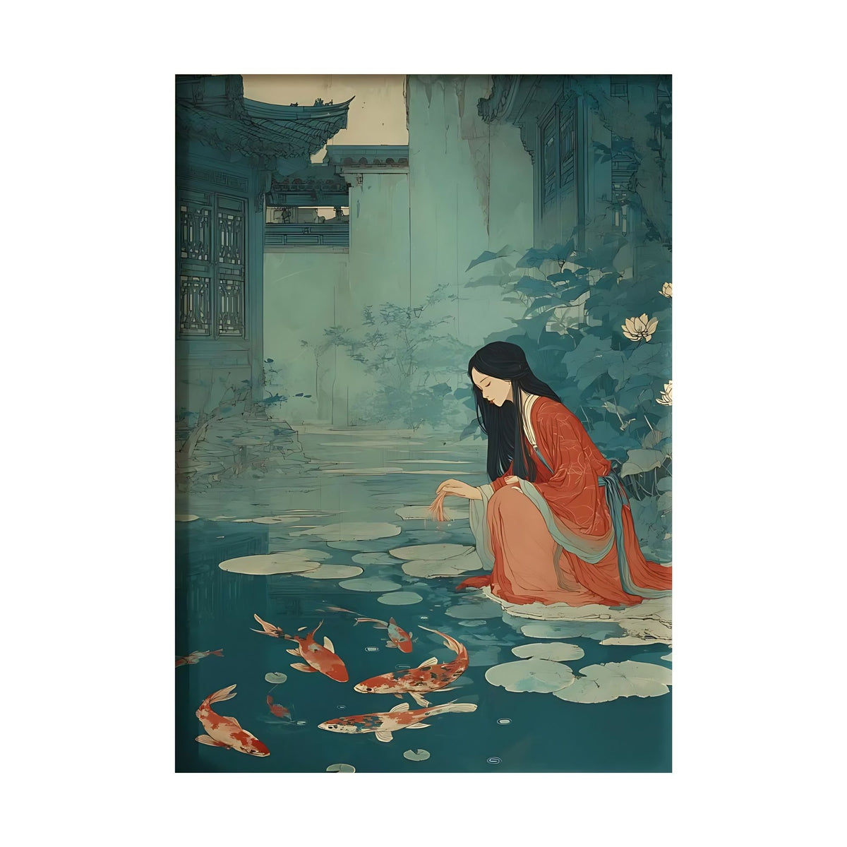Hand-painted canvas featuring a woman in a red robe beside a pond with koi fish, lotus leaves and distant architecture.