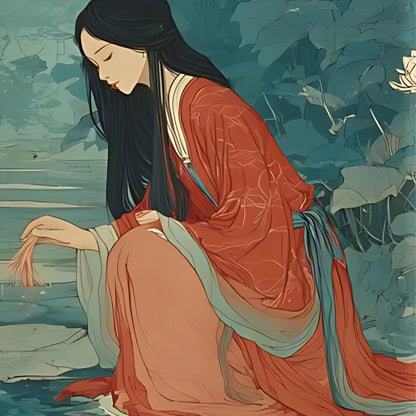 Hand-painted canvas featuring a woman in a red robe beside a pond with koi fish, lotus leaves and distant architecture.