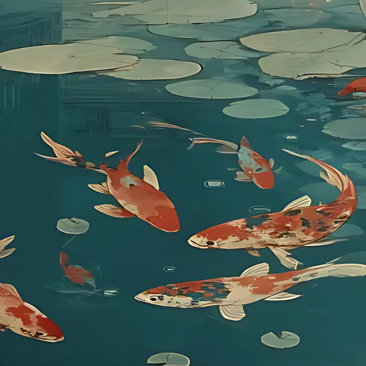Hand-painted canvas featuring a woman in a red robe beside a pond with koi fish, lotus leaves and distant architecture.