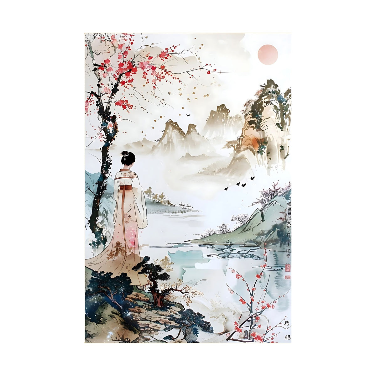 Hand-painted canvas featuring a robed woman beside a lake, framed by pink blossoms and distant mountains.