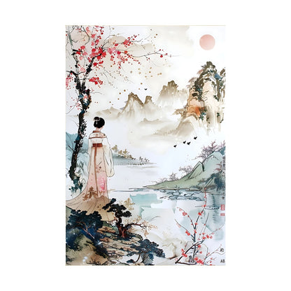 Hand-painted canvas featuring a robed woman beside a lake, framed by pink blossoms and distant mountains.