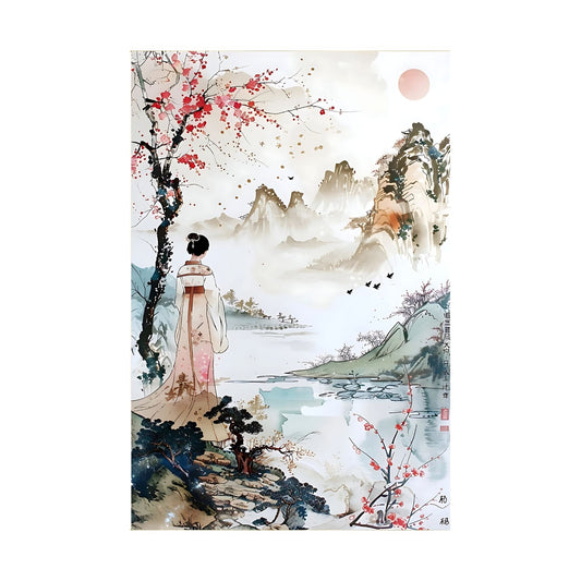 Hand-painted canvas featuring a robed woman beside a lake, framed by pink blossoms and distant mountains.