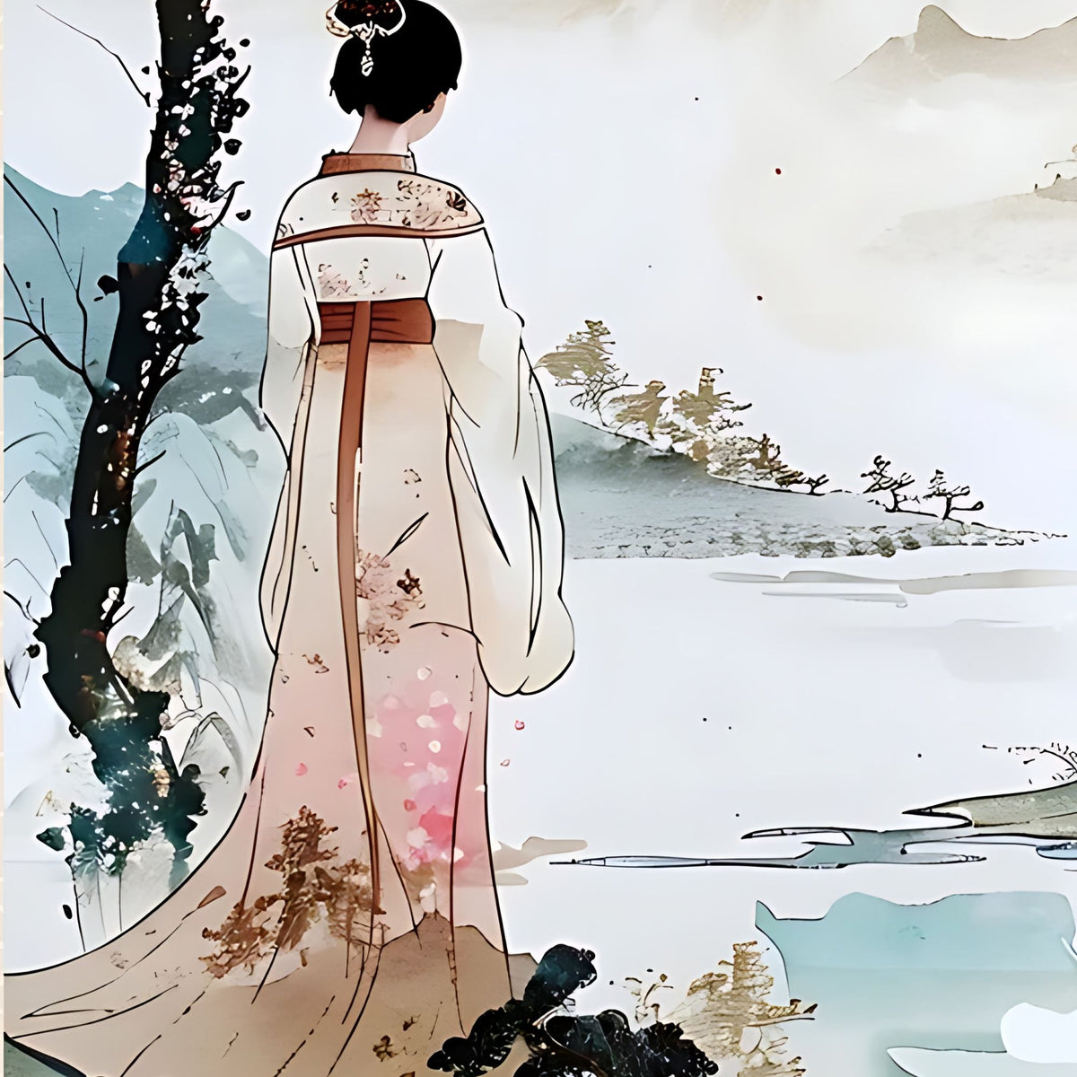 Hand-painted canvas featuring a robed woman beside a lake, framed by pink blossoms and distant mountains.