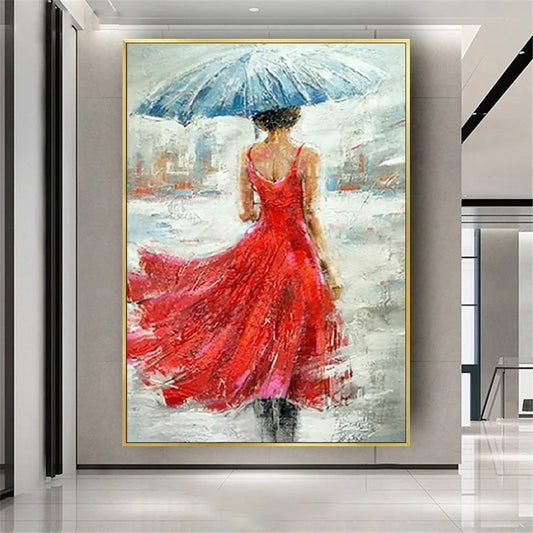 Room mockup showing woman seen from behind in a flowing red dress beneath a large blue umbrella against a pale rainy city scene.