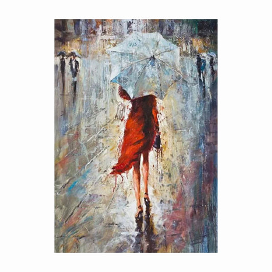 Woman in a red dress walking away beneath a pale blue umbrella on a rainy grey street with reflected colours.