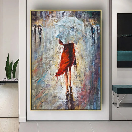 Room mockup showing woman in a red dress walking away beneath a pale blue umbrella on a rainy grey street with reflected colours.