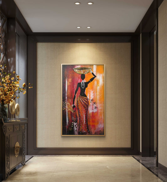 Room mockup. Dark silhouetted woman in a red-orange skirt, balancing a gold-coloured bowl against a red and orange background.