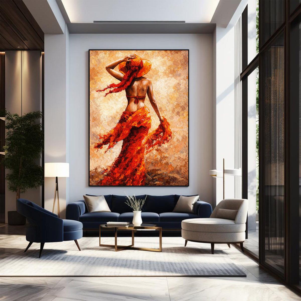 Modern living room with a large abstract painting of a woman in red on the wall.