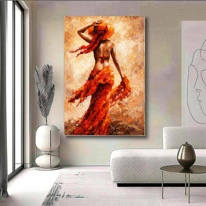 Room mockup showing woman seen from behind wearing a flowing red skirt and red hat against a warm textured ochre background.
