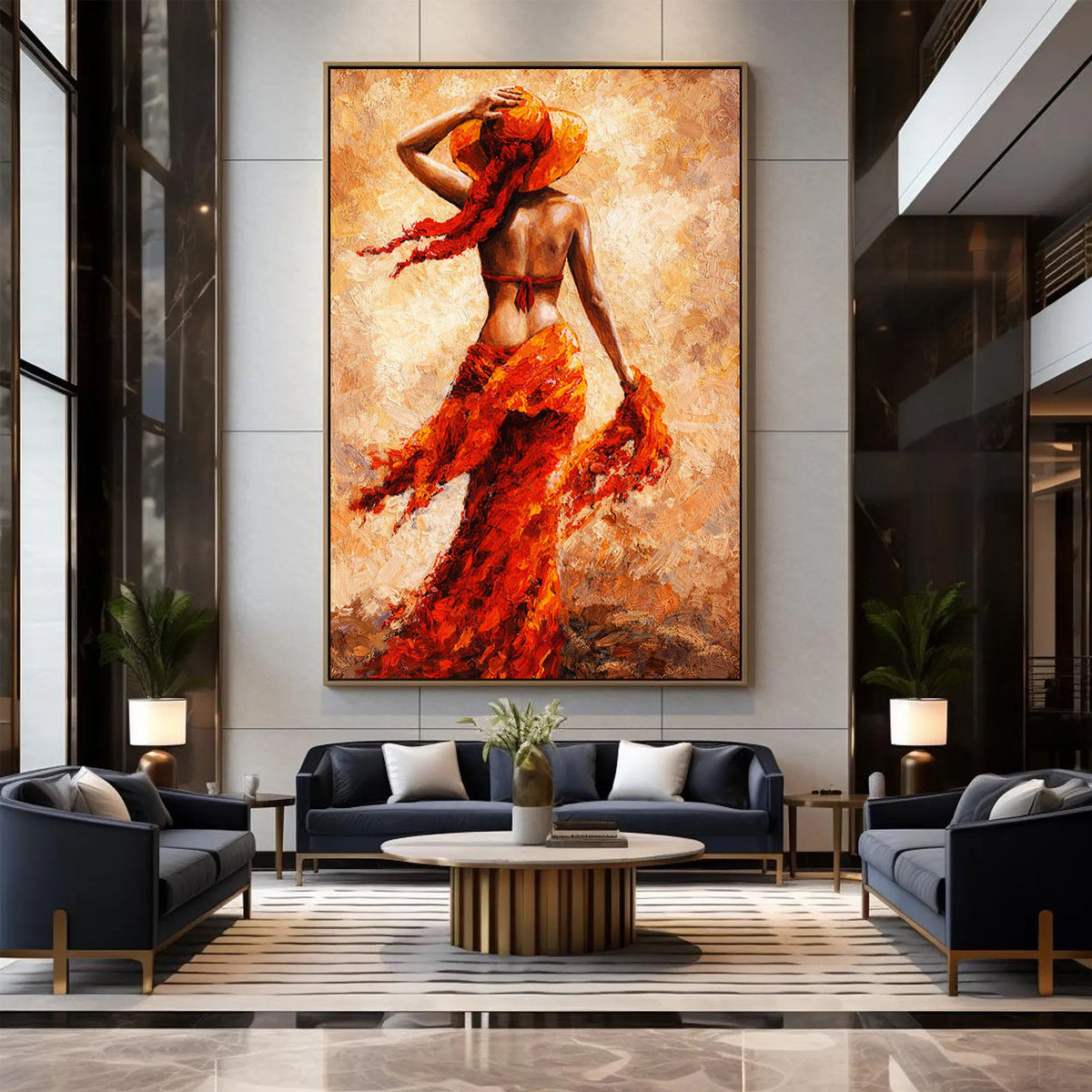 Modern living room with a large abstract painting of a woman in a red dress.