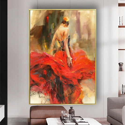 Room mockup showing woman seen from behind in a voluminous sweeping red dress against a softly painted olive and cream background.