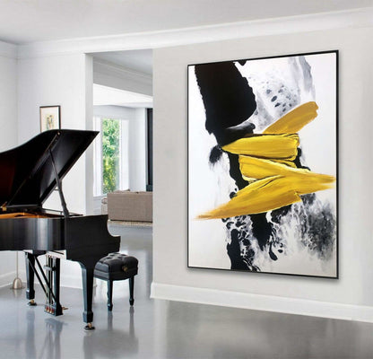 Minimalist Yellow and Black Abstract Painting – Hand-Painted Modern Wall Art on Canvas