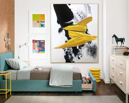 Minimalist Yellow and Black Abstract Painting – Hand-Painted Modern Wall Art on Canvas