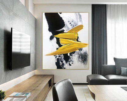 Minimalist Yellow and Black Abstract Painting – Hand-Painted Modern Wall Art on Canvas