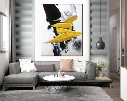 Minimalist Yellow and Black Abstract Painting – Hand-Painted Modern Wall Art on Canvas