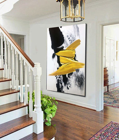 Minimalist Yellow and Black Abstract Painting – Hand-Painted Modern Wall Art on Canvas