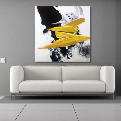 Minimalist Yellow and Black Abstract Painting – Hand-Painted Modern Wall Art on Canvas
