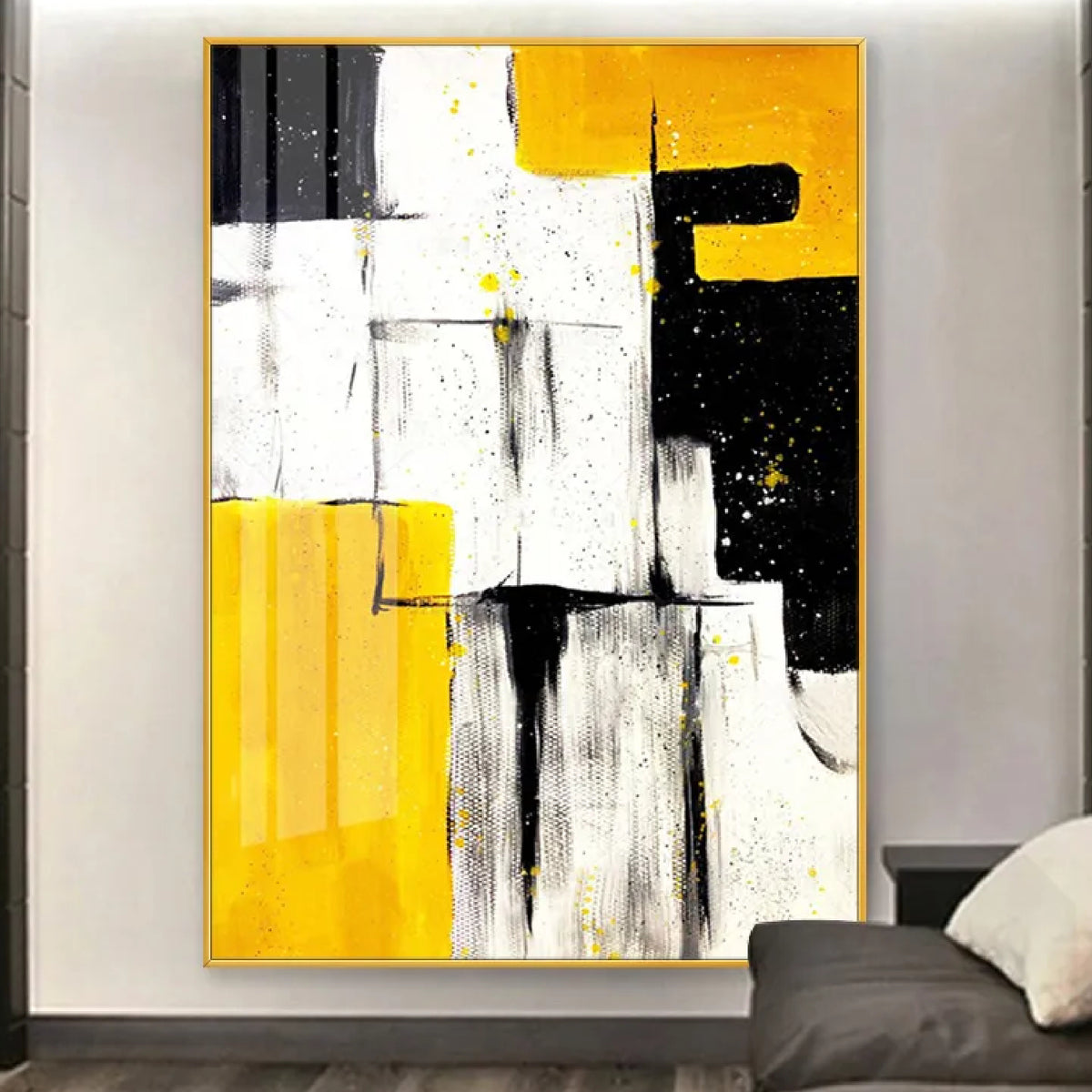 Room mockup. Large yellow, black and white angular blocks with grey scraped marks, fine black lines and downward drips.