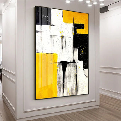 Room mockup. Large yellow, black and white angular blocks with grey scraped marks, fine black lines and downward drips.