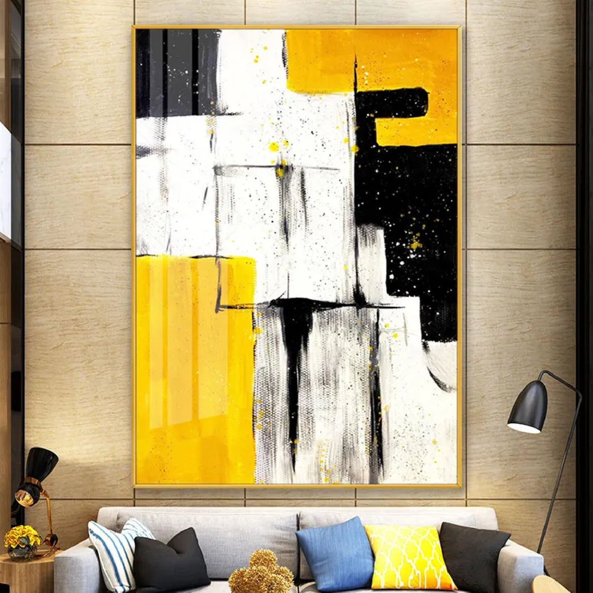 Room mockup. Large yellow, black and white angular blocks with grey scraped marks, fine black lines and downward drips.