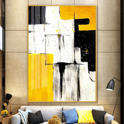 Room mockup. Large yellow, black and white angular blocks with grey scraped marks, fine black lines and downward drips.