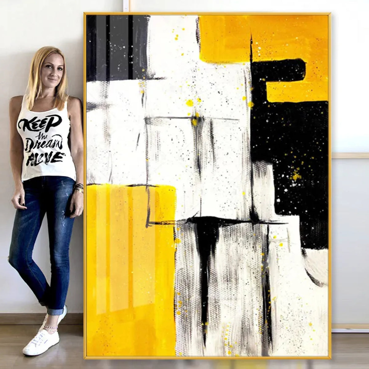 Room mockup. Large yellow, black and white angular blocks with grey scraped marks, fine black lines and downward drips.