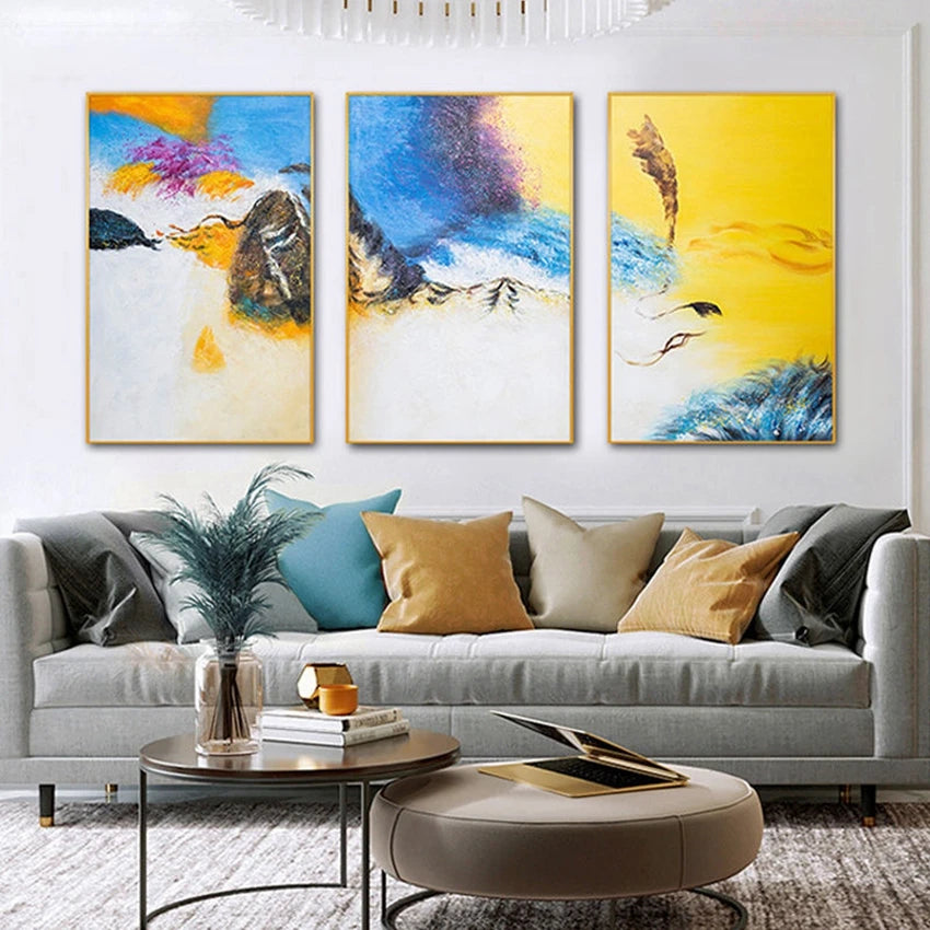 Yellow Blue & Orange Blend Set of 3 Abstract Home Decor Painting