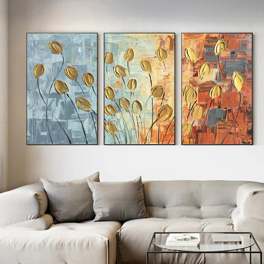 Yellow Coloured Tulips Flowers Set of 3 Home Decor Painting