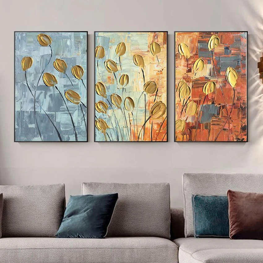 Yellow Coloured Tulips Flowers Set of 3 Home Decor Painting