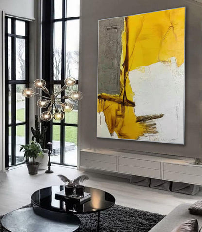 Yellow and Grey Abstract Painting – Hand-Painted Modern Canvas with Industrial Texture