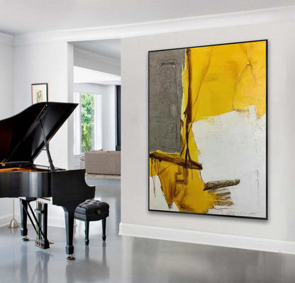 Yellow and Grey Abstract Painting – Hand-Painted Modern Canvas with Industrial Texture