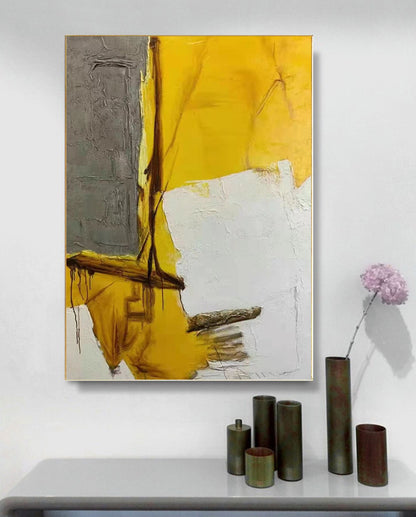 Yellow and Grey Abstract Painting – Hand-Painted Modern Canvas with Industrial Texture