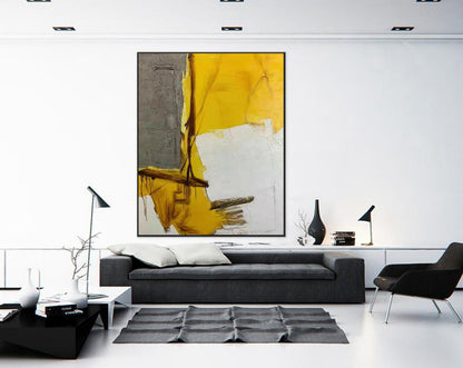 Yellow and Grey Abstract Painting – Hand-Painted Modern Canvas with Industrial Texture