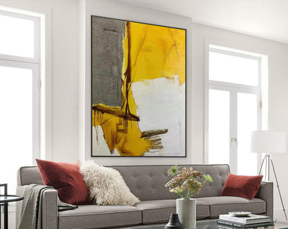 Yellow and Grey Abstract Painting – Hand-Painted Modern Canvas with Industrial Texture