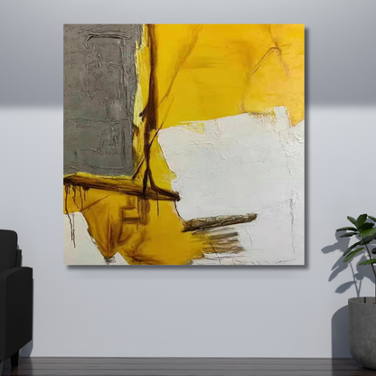 Yellow and Grey Abstract Painting – Hand-Painted Modern Canvas with Industrial Texture
