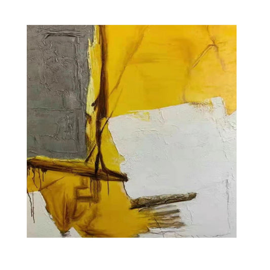 Hand-painted yellow and grey abstract textured wall art with industrial edge
