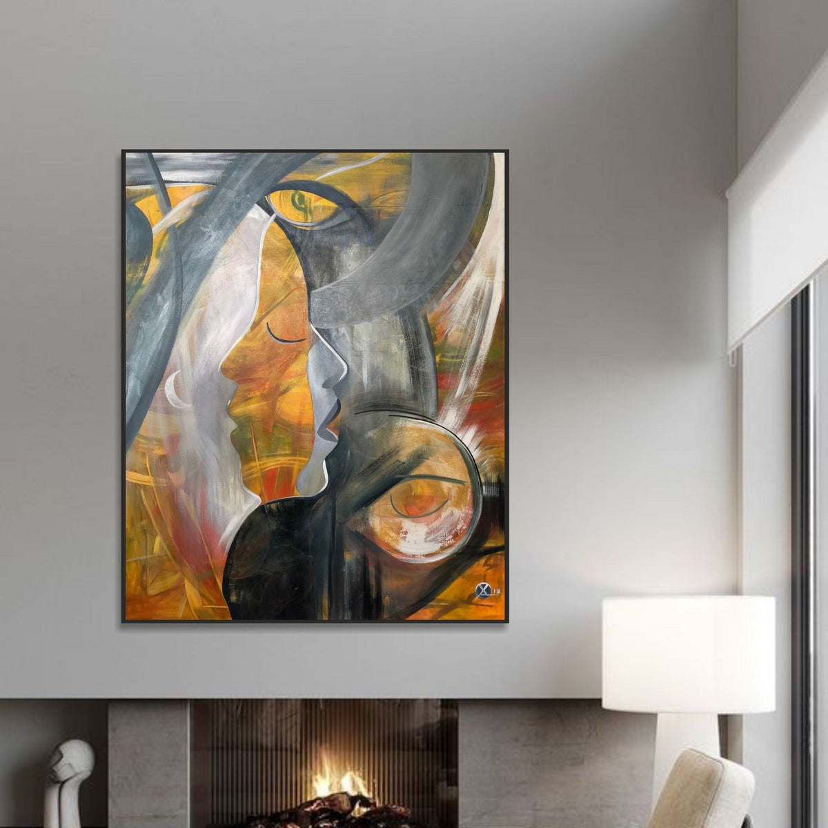 Room mockup showing layered abstract profiles in grey, white, ochre and orange with sweeping curved black outlines.