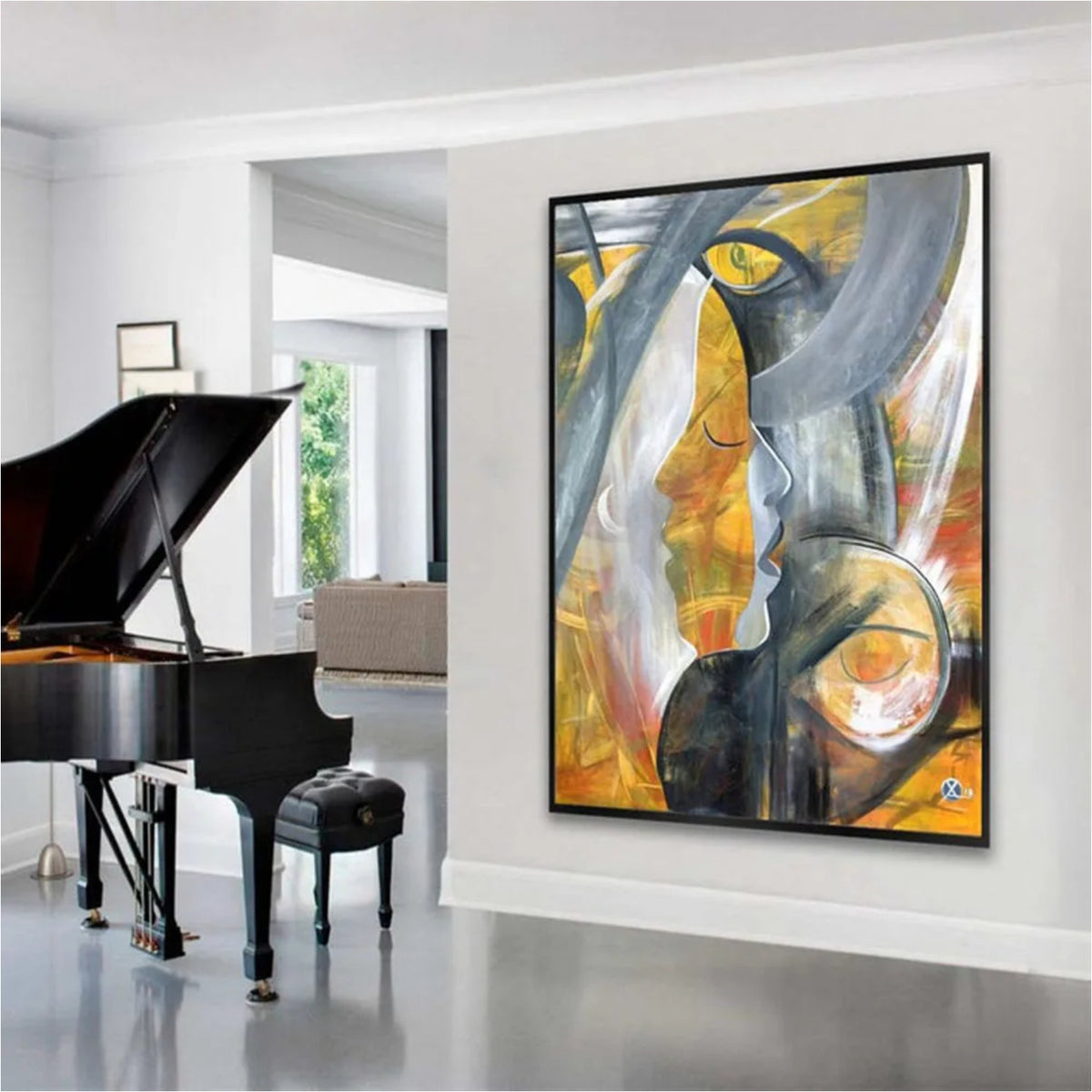 Room mockup showing layered abstract profiles in grey, white, ochre and orange with sweeping curved black outlines.
