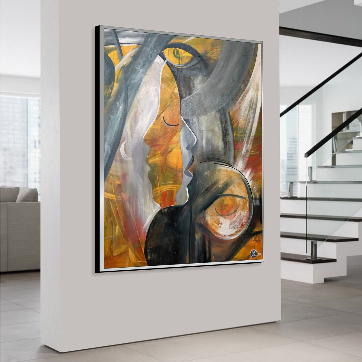 Room mockup showing layered abstract profiles in grey, white, ochre and orange with sweeping curved black outlines.