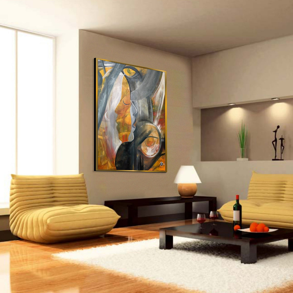 Room mockup showing layered abstract profiles in grey, white, ochre and orange with sweeping curved black outlines.