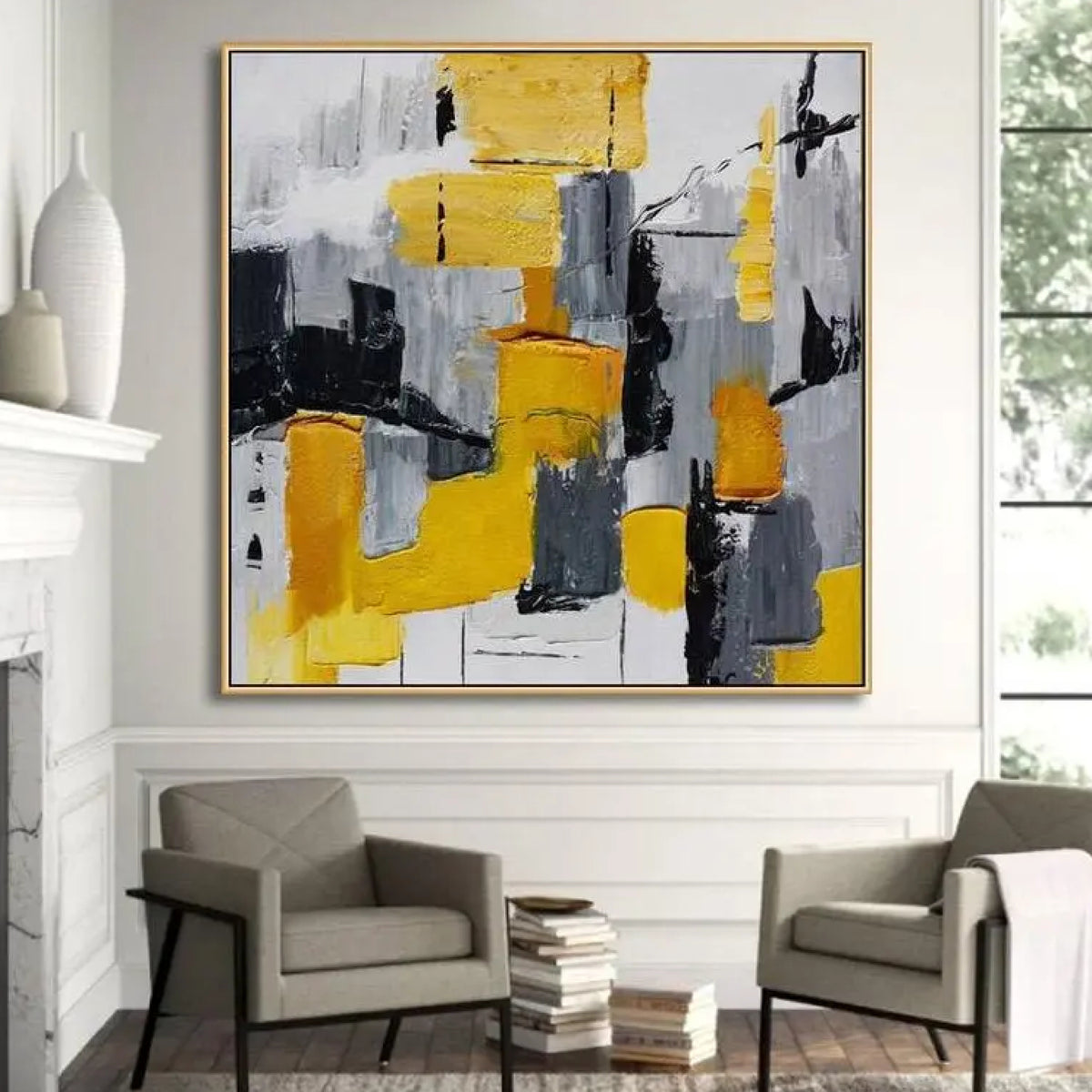 Room mockup. Rough yellow and grey rectangular blocks overlap black and white strokes, with fine lines and downward drips.