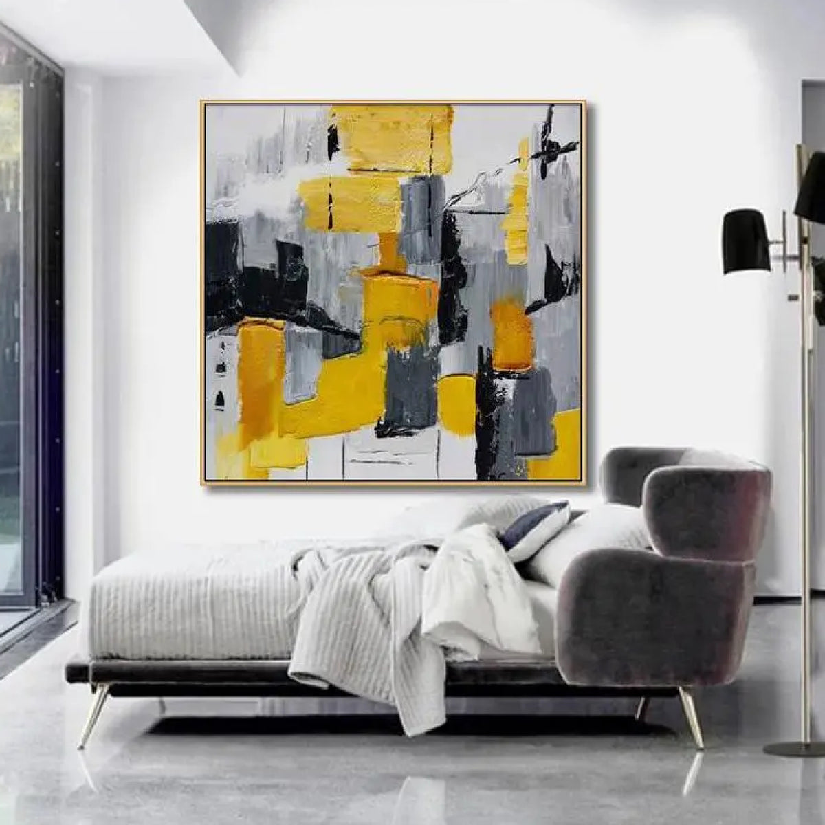 Room mockup. Rough yellow and grey rectangular blocks overlap black and white strokes, with fine lines and downward drips.